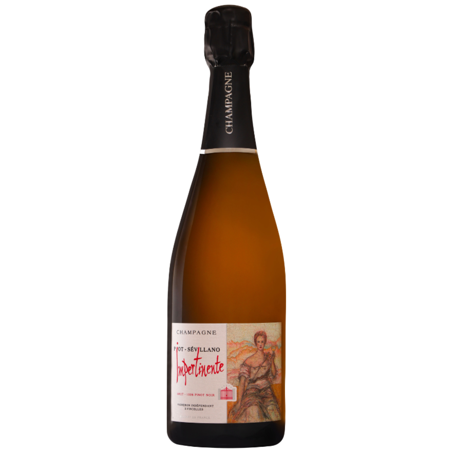 Champagne Piot-Sevillano Impertinente. Etiketten viser Jeanne-Antoinette Poisson, Marquise af Pompadour, berømt elskerinde af Kong Louis XV.