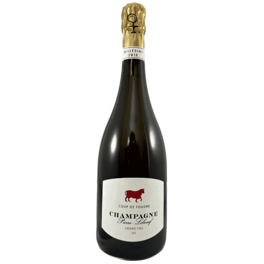 Champagne flaske, Coup de Foudre, Pierre Leboeuf champagne, Brut, Grand Cru, hvid etikette med rød okse og sort skrift, årgangschampagne, Millésime 2018, årgang 2018