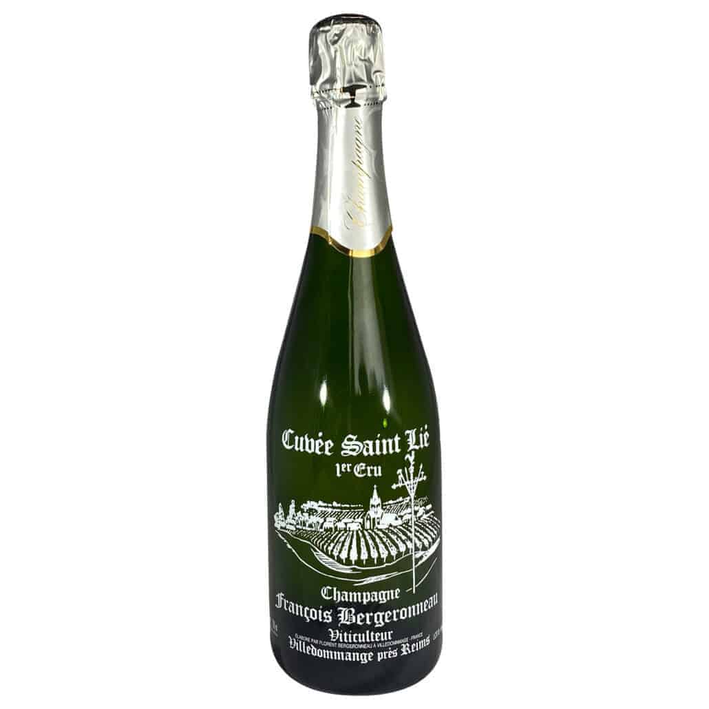 Champagne flaske, Champagne F. Bergeronneau-Marion, Cuvée Saint Lié, brut, Premier Cru, Etikette malet med hvidt på grøn flaske