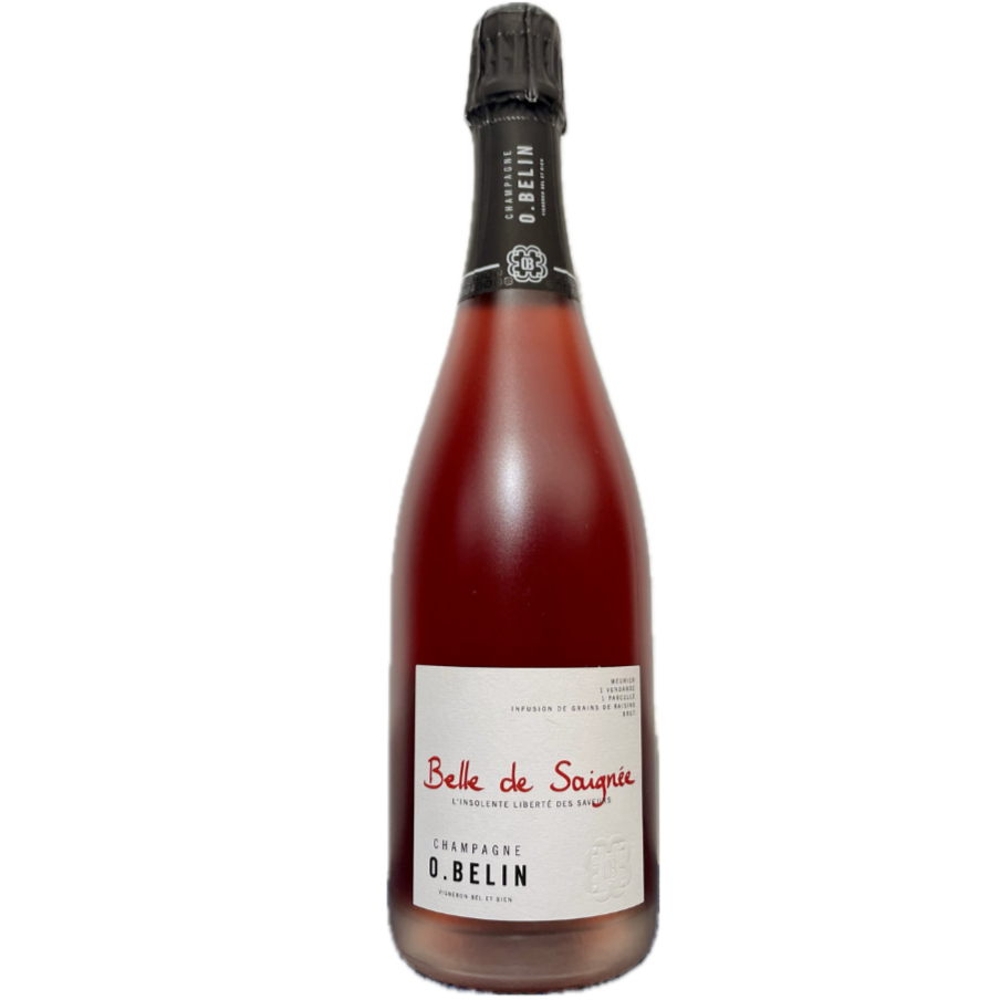 Champagne O. Belin, Belle de Saignée, Roséchampagne flaske på hvid baggrund