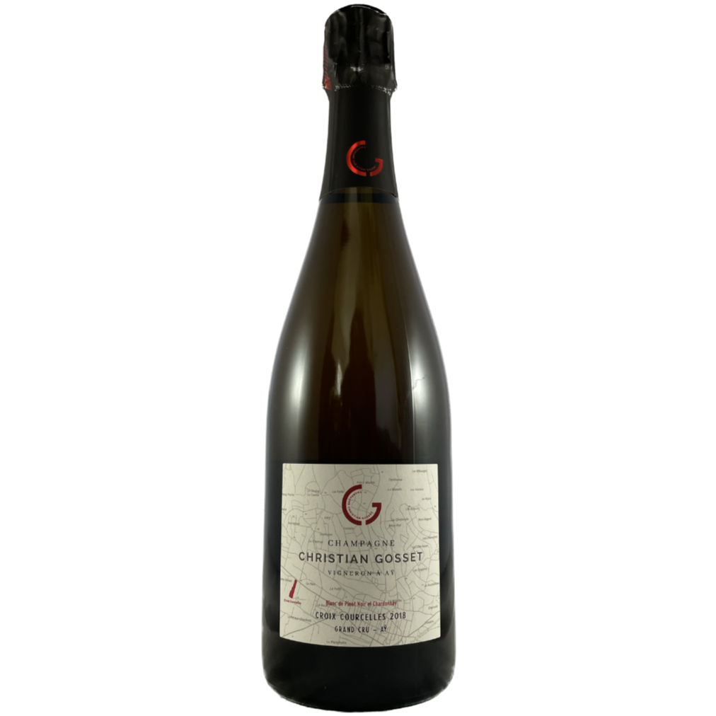 Champagneflaske på hvid baggrund, Champagne Christian Gosset, Croix Courcelles 2018, Grand Cru