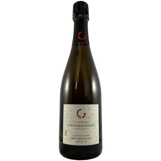 Champagneflaske på hvid baggrund, Champagne Christian Gosset, Croix Courcelles 2018, Grand Cru