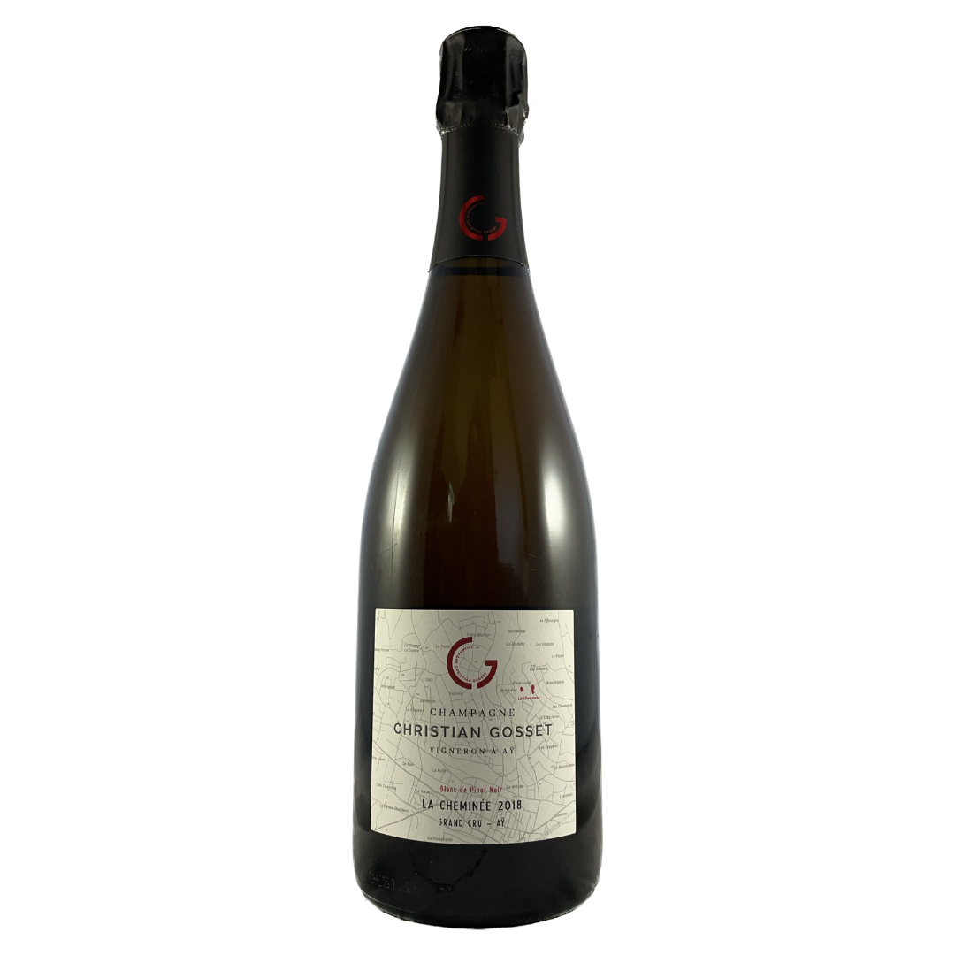 Champagneflaske på hvid baggrund, Champagne Christian Gosset, La Cheminée 2018, Grand Cru