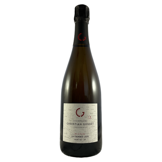 Champagneflaske på hvid baggrund, Champagne Christian Gosset, La Cheminée 2018, Grand Cru