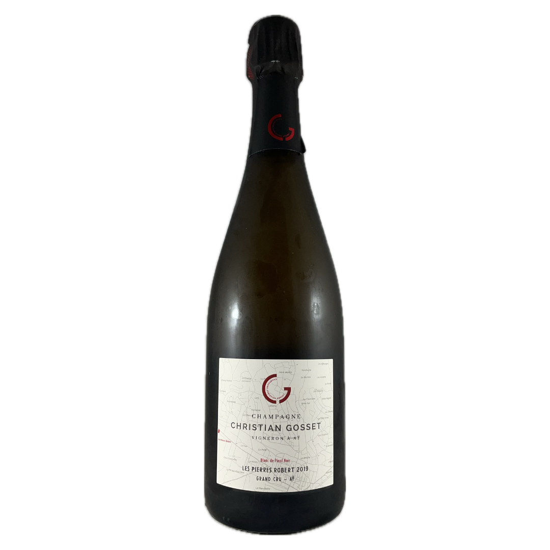 Champagneflaske på hvid baggrund, Champagne Christian Gosset, Les Pierres Robert 2019, Grand Cru