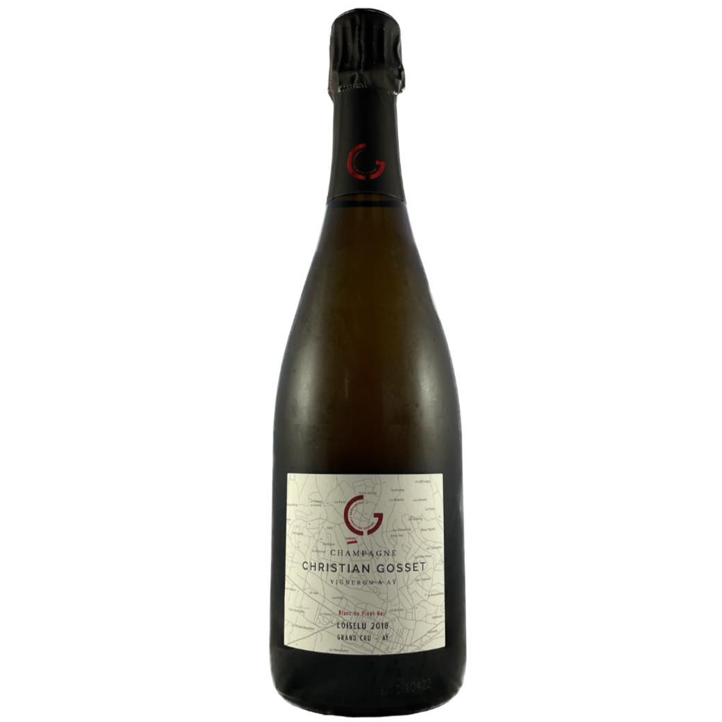 Champagneflaske på hvid baggrund, Champagne Christian Gosset, Loiselu 2018, Grand Cru