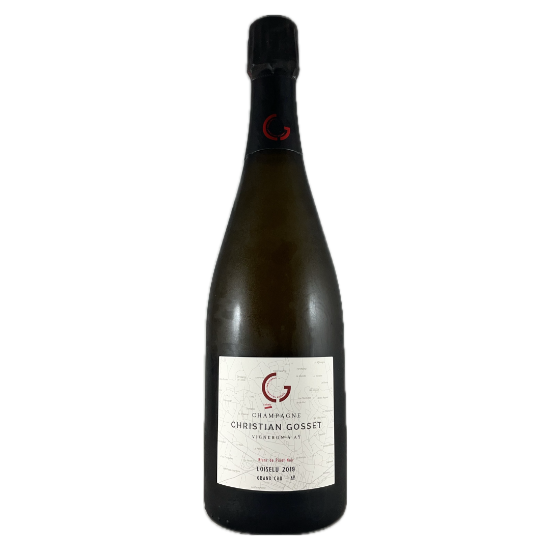 Champagneflaske på hvid baggrund, Champagne Christian Gosset, Loiselu 2019, Grand Cru