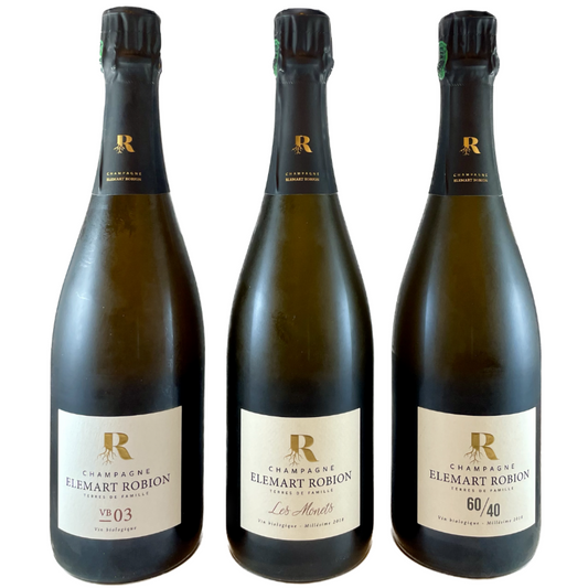 3 flasker champagne flaske på hvid baggrund, Champagne Elemart Robion, VB03, Les Monets, 60/40, Millésime 2018, økologisk champagne, årgangschampagne