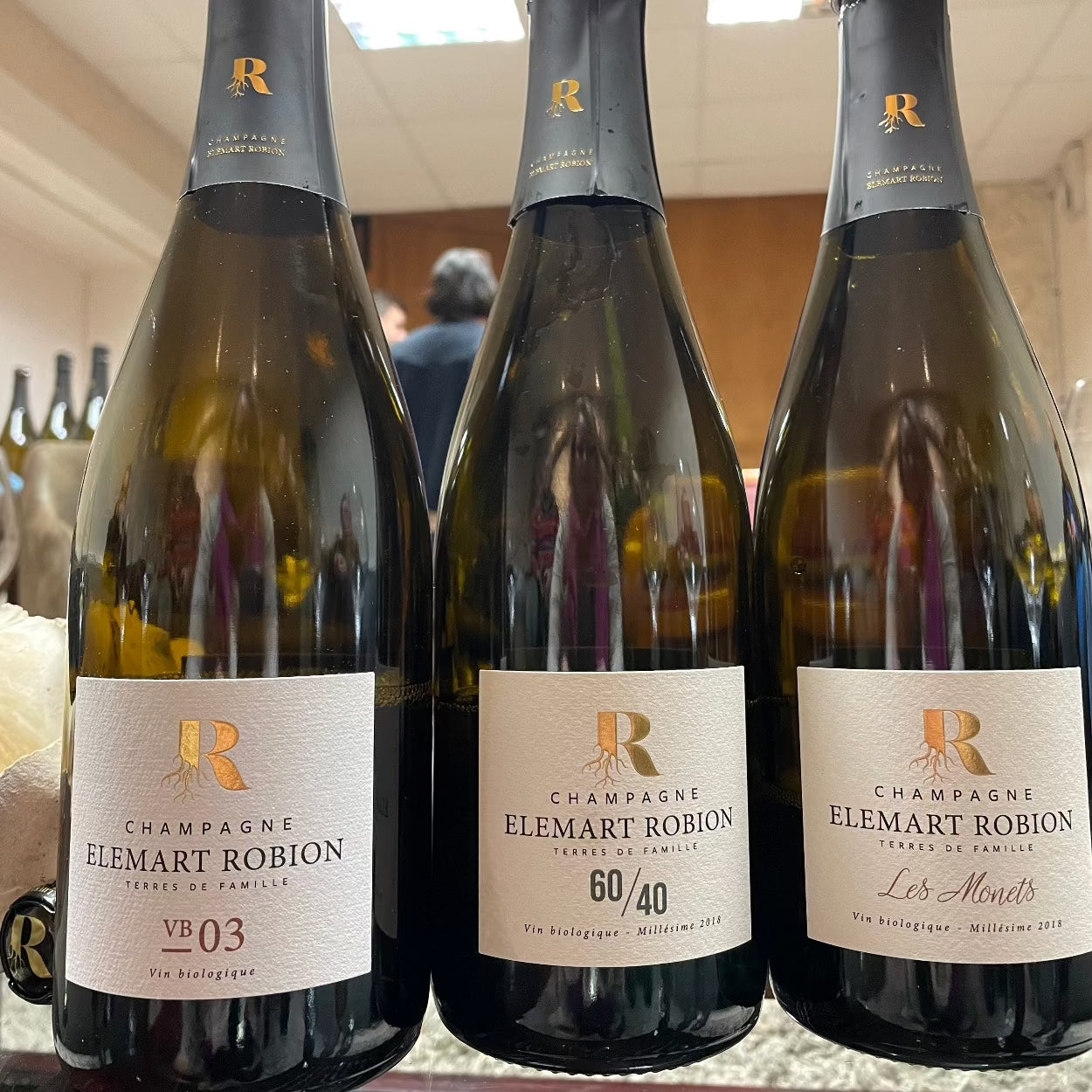 3 flasker champagne, Champagne Elemart Robion, VB03, 60/40, Les Monets, Millésime 2018, økologisk champagne, årgangschampagne