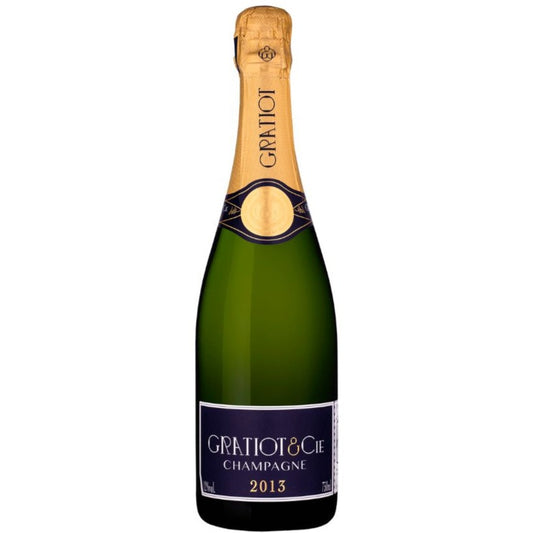 1 flaske årgangschampagne på hvid baggrund fra Champagne Gratiot & Cie, 2013, sort etikette