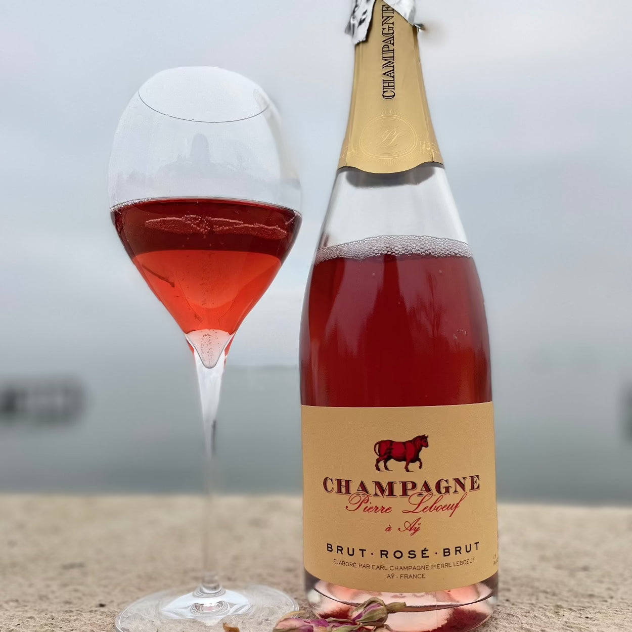 Champagneglas med rosé champagne, rosé champagne flaske, uskarp baggrund havudsigt, Pierre Leboeuf champagne, Brut Rosé Brut, gul etikette med rød okse og rød skrift, bobler i glasset