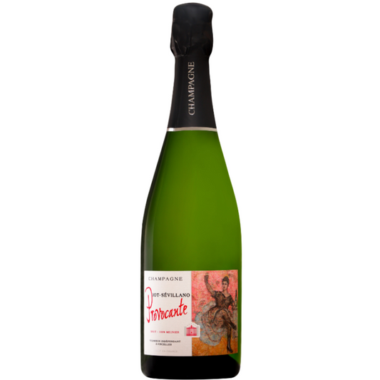 Champagne Piot-Sevillano Provocante, Etiketten viser "La Goulue" kendt som cancan danserinden fra Moulin Rouge.