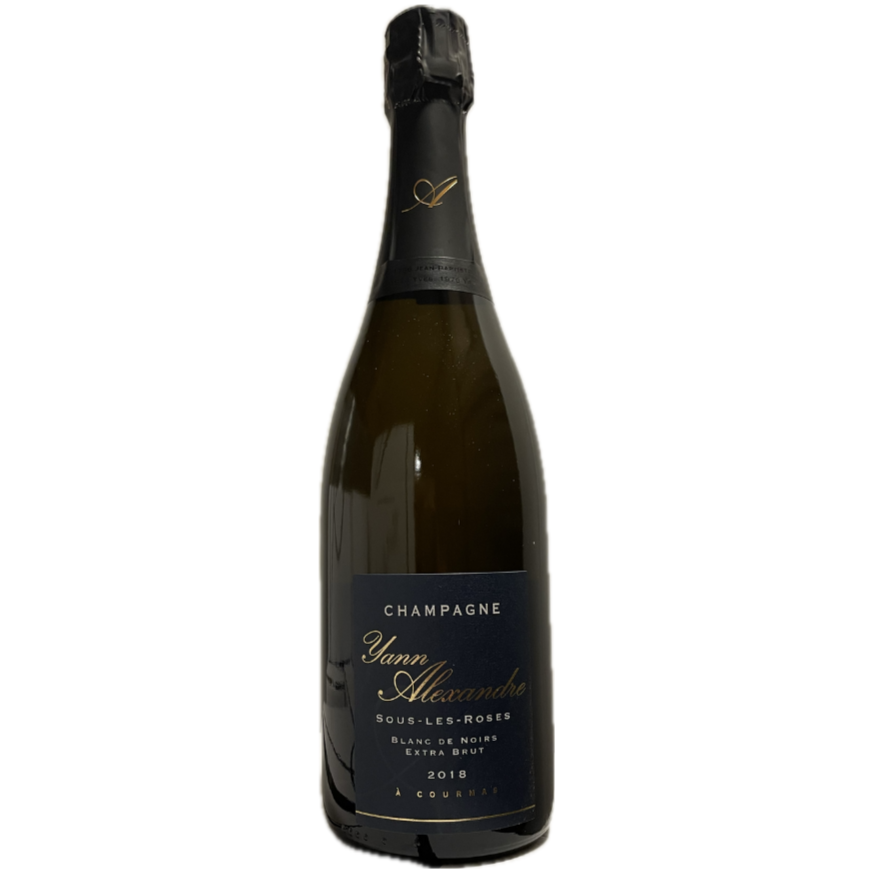 Champagne flaske på hvid baggrund, blå etikette, Champagne Yann Alexandre, Sous les Roses, Blanc de Noirs, Extra Brut