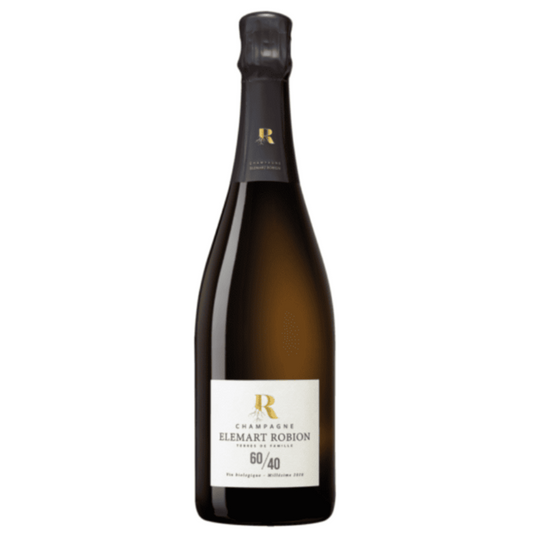 Champagne flaske på hvid baggrund, Champagne Elemart Robion, 60/40, Millésime 2018, økologisk champagne, årgangschampagne