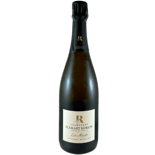 Champagne flaske på hvid baggrund, Champagne Elemart Robion, Les Monets, Millésime 2018, økologisk champagne, årgangschampgne