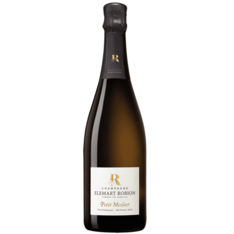 Champagne flaske på hvid baggrund, Champagne Elemart Robion, Petit Meslier, Millésime 2018, økologisk champagne, årgangschampagne