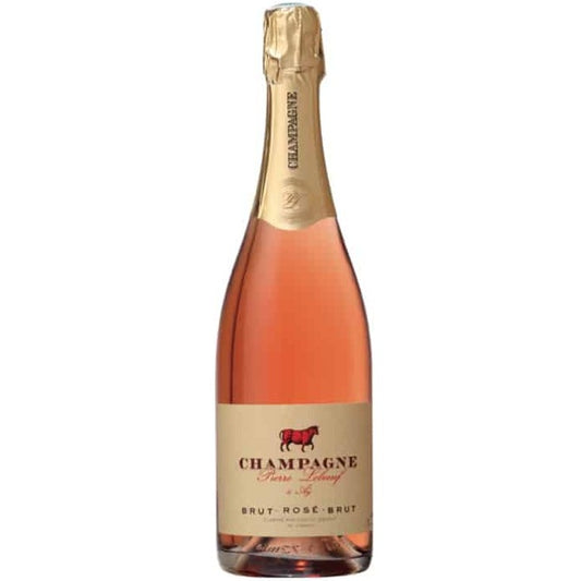 Champagne flaske, Pierre Leboeuf champagne, Brut Rosé Brut, Rosé champagne, gul etikette med rød okse og rød skrift