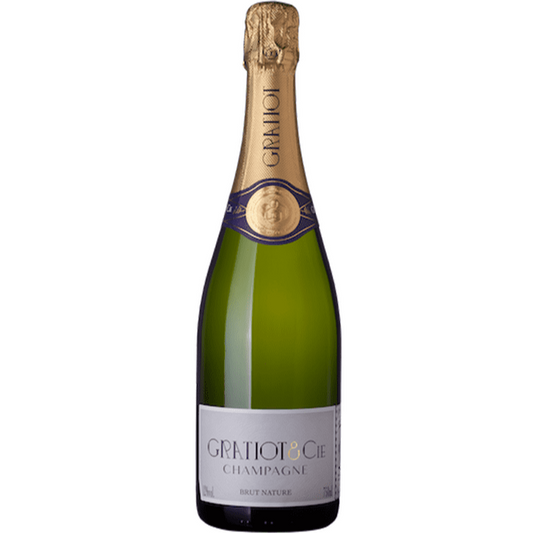 1 flaske champagne på hvid baggrund fra Champagne Gratiot & Cie, Brut Nature, grå etikette