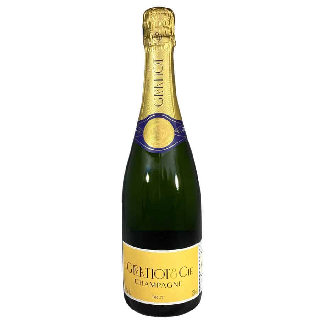 1 flaske champagne på hvis baggrund fra Champagne Gratiot & Cie, Brut, gul etikette