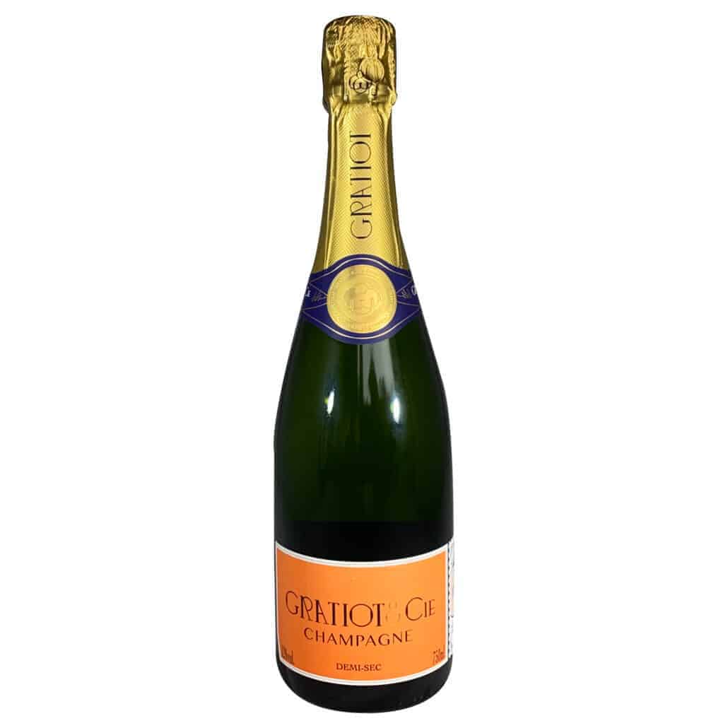 1 flaske champagne på hvid baggrund fra Champagne Gratiot & Cie, Demi-Sec, Orange etikette